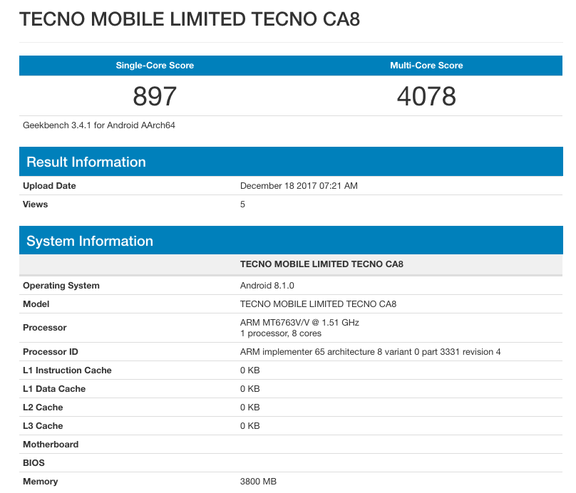 Leaked specs of the Tecno CA8 as seen on Geekbench.