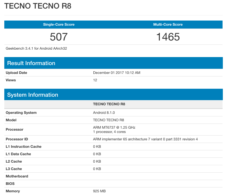 Leaked specs of the Tecno R8 as seen on Geekbench.